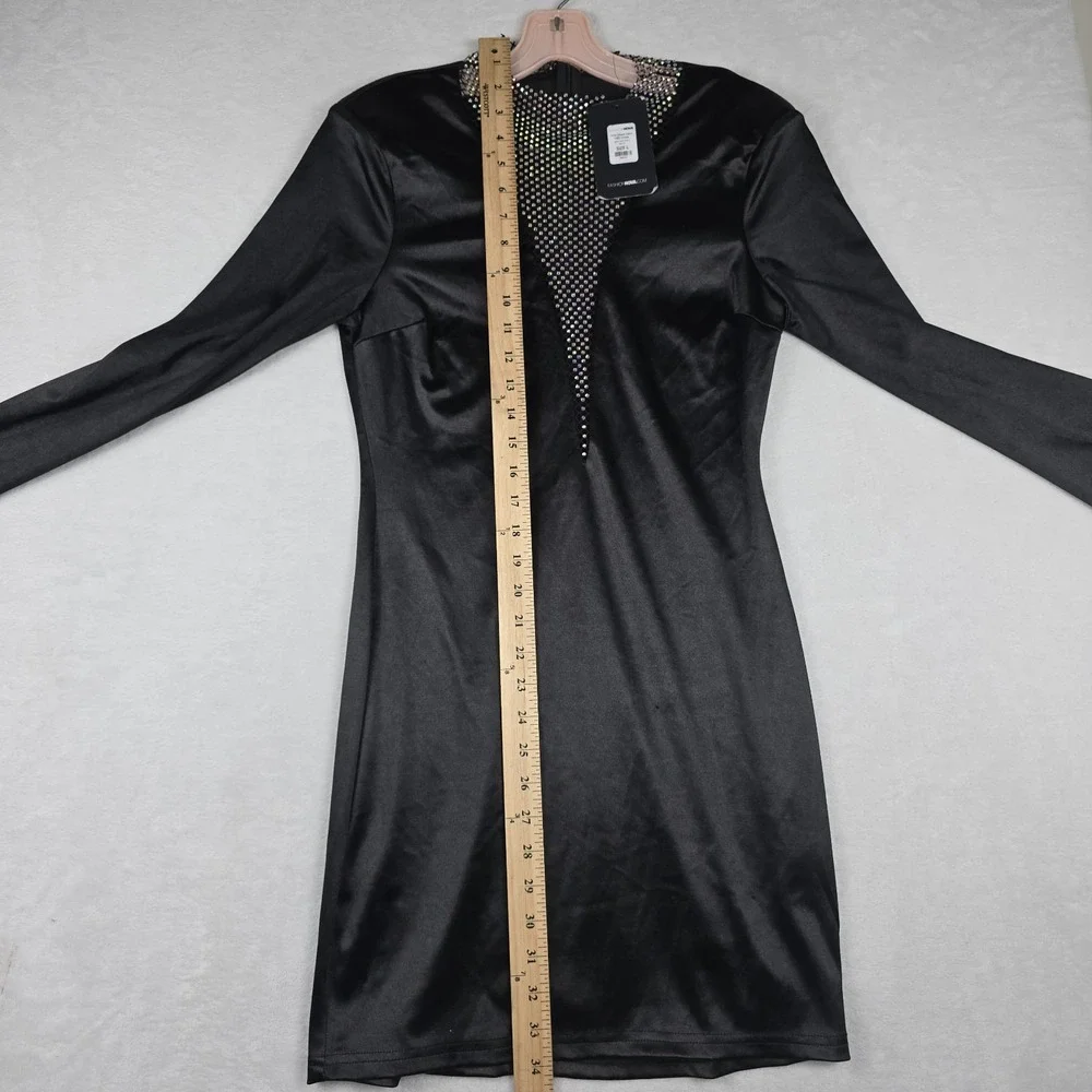 Fashion Nova New With Class Black Satin Mini Dress Rhinestone Women's Size Large